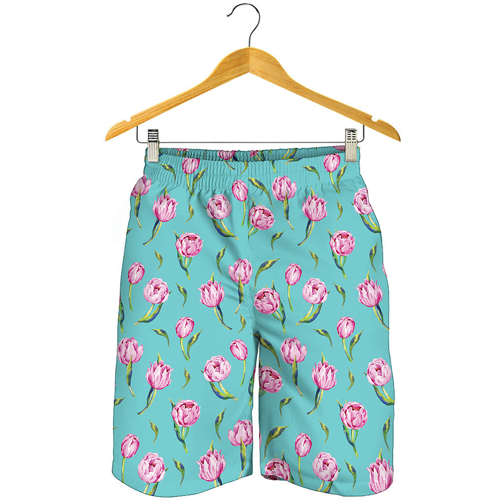 Pink Watercolor Tulip Pattern Print Men's Shorts