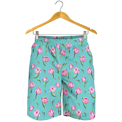 Pink Watercolor Tulip Pattern Print Men's Shorts