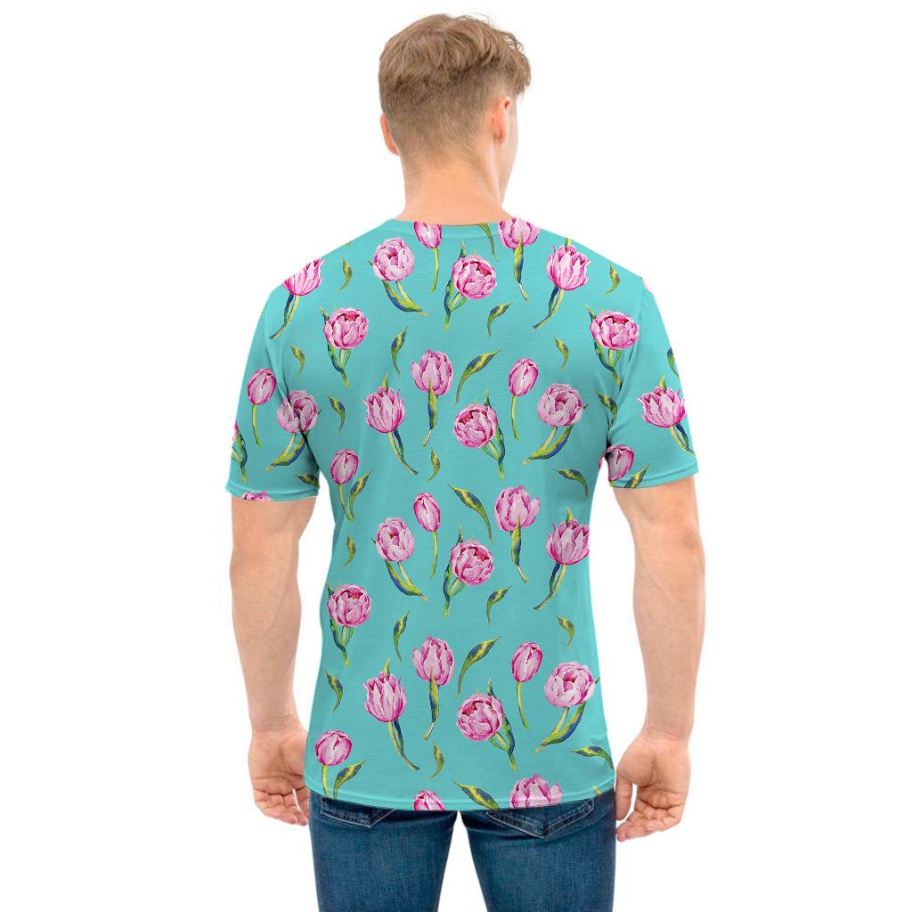 Pink Watercolor Tulip Pattern Print Men's T-Shirt