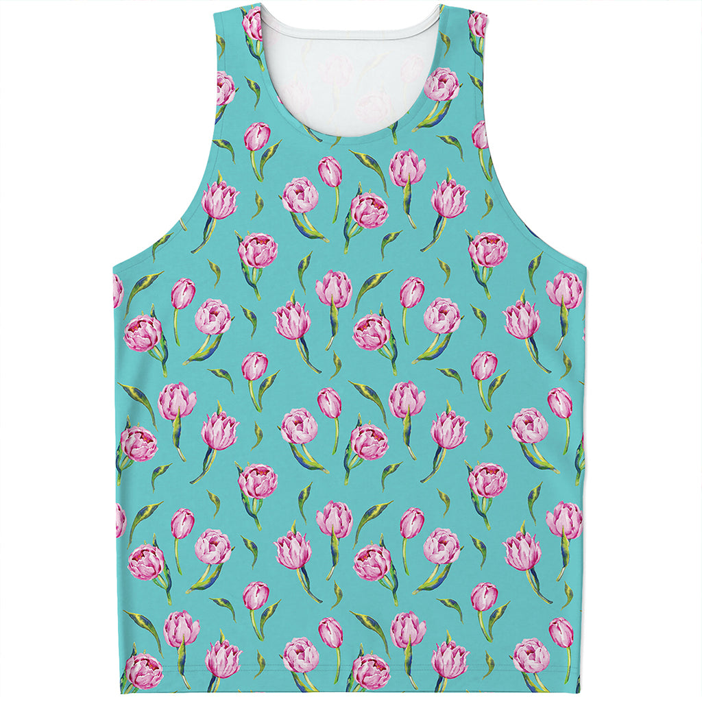 Pink Watercolor Tulip Pattern Print Men's Tank Top