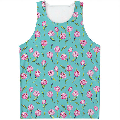 Pink Watercolor Tulip Pattern Print Men's Tank Top