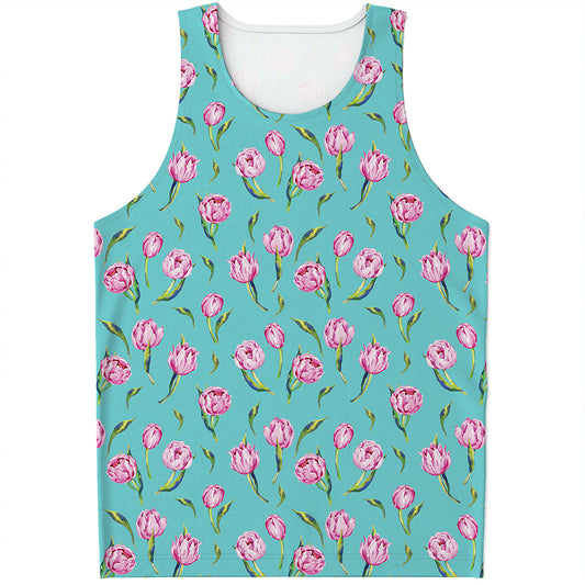 Pink Watercolor Tulip Pattern Print Men's Tank Top