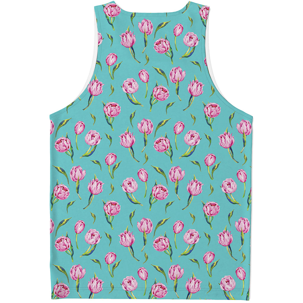 Pink Watercolor Tulip Pattern Print Men's Tank Top