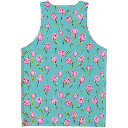 Pink Watercolor Tulip Pattern Print Men's Tank Top