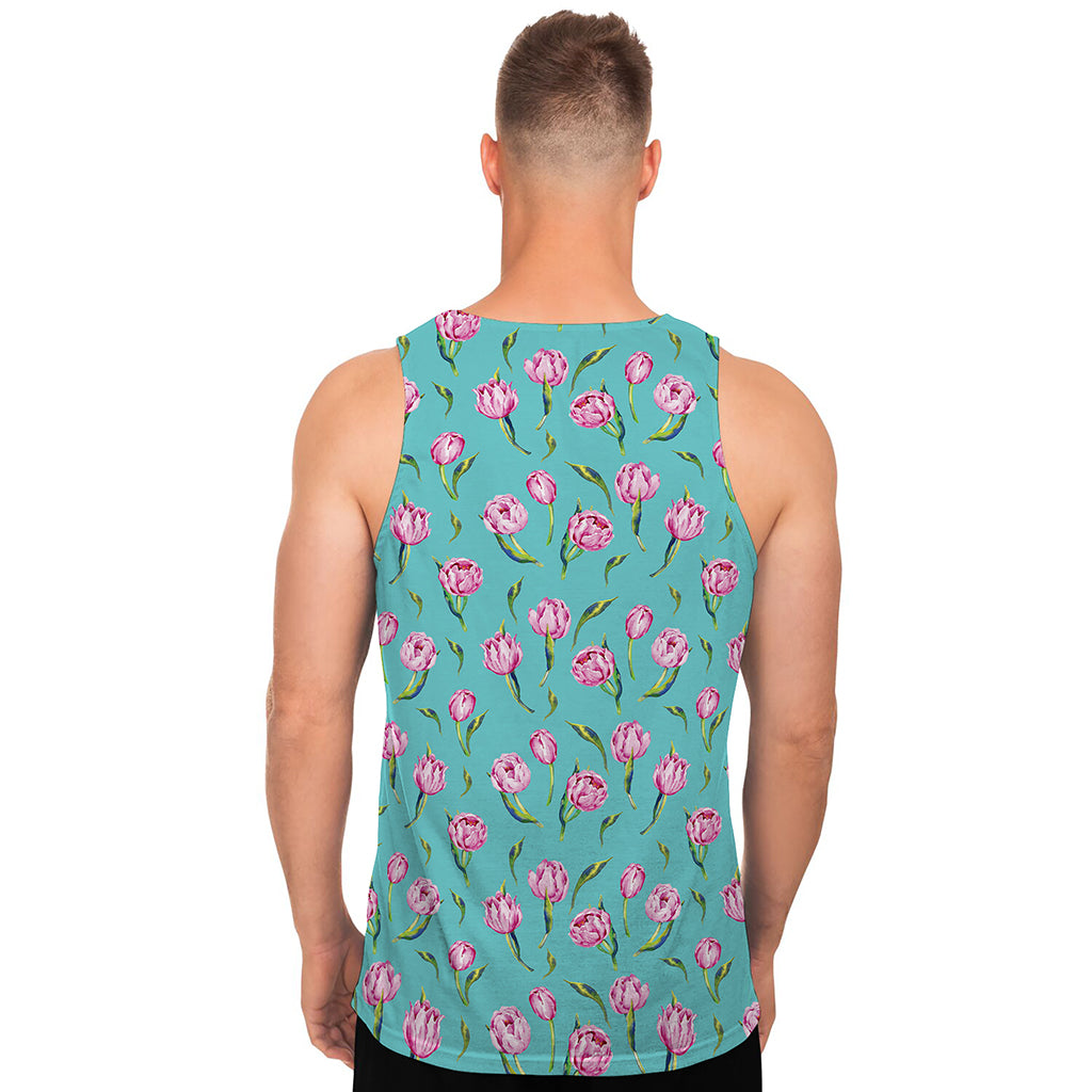 Pink Watercolor Tulip Pattern Print Men's Tank Top