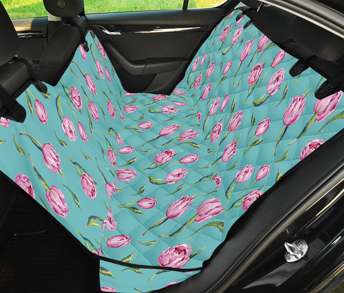 Pink Watercolor Tulip Pattern Print Pet Car Back Seat Cover
