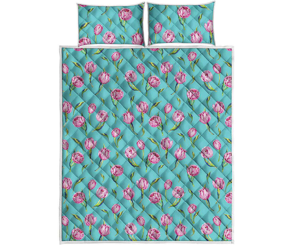 Pink Watercolor Tulip Pattern Print Quilt Bed Set