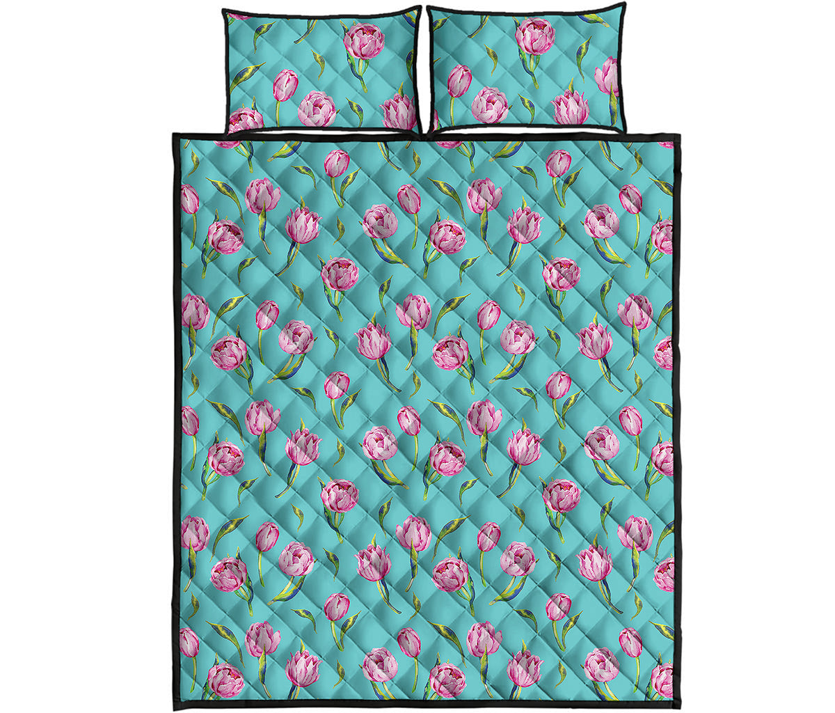 Pink Watercolor Tulip Pattern Print Quilt Bed Set