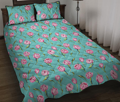 Pink Watercolor Tulip Pattern Print Quilt Bed Set