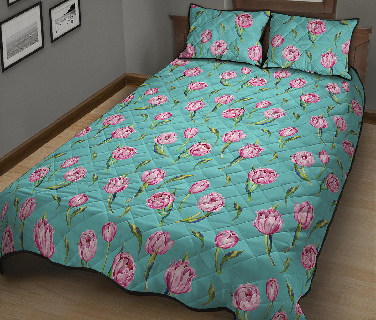 Pink Watercolor Tulip Pattern Print Quilt Bed Set