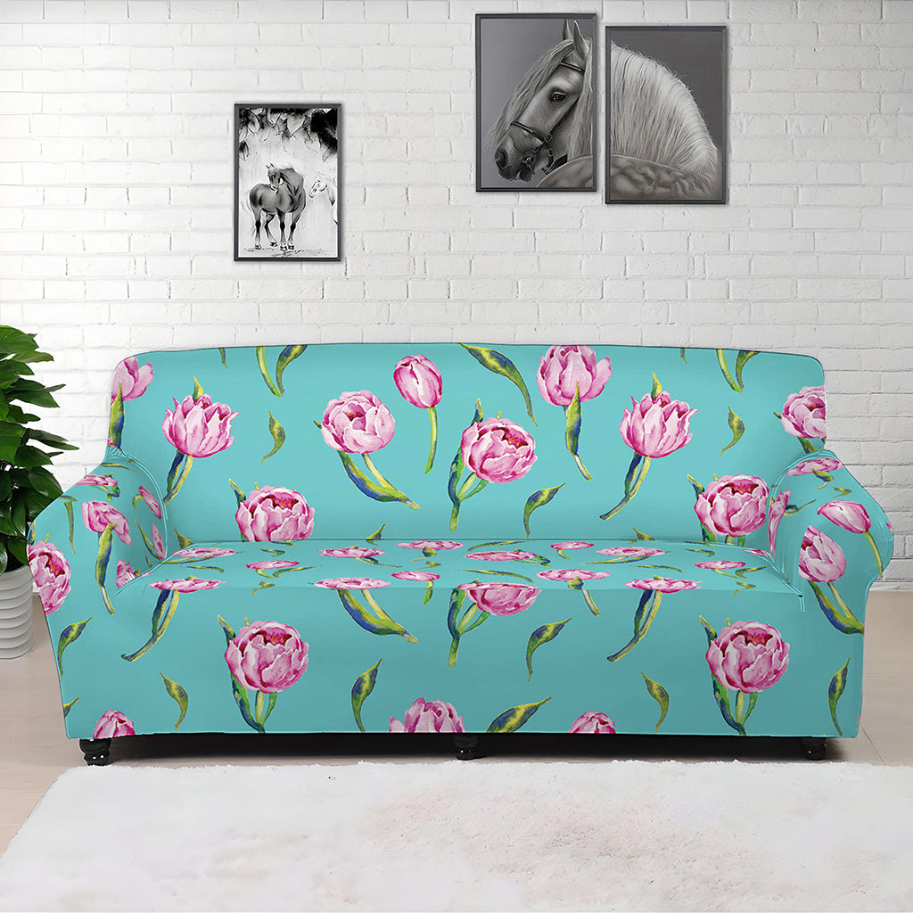 Pink Watercolor Tulip Pattern Print Sofa Cover