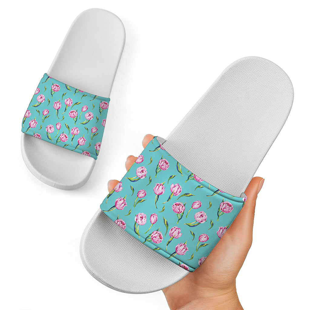Pink Watercolor Tulip Pattern Print White Slide Sandals