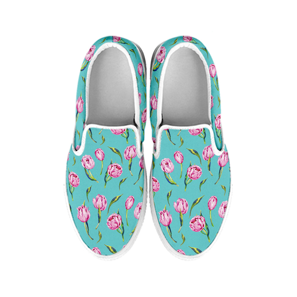 Pink Watercolor Tulip Pattern Print White Slip On Shoes