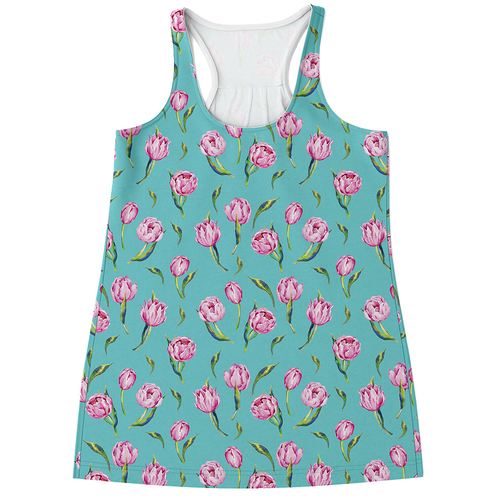 Pink Watercolor Tulip Pattern Print Women's Racerback Tank Top
