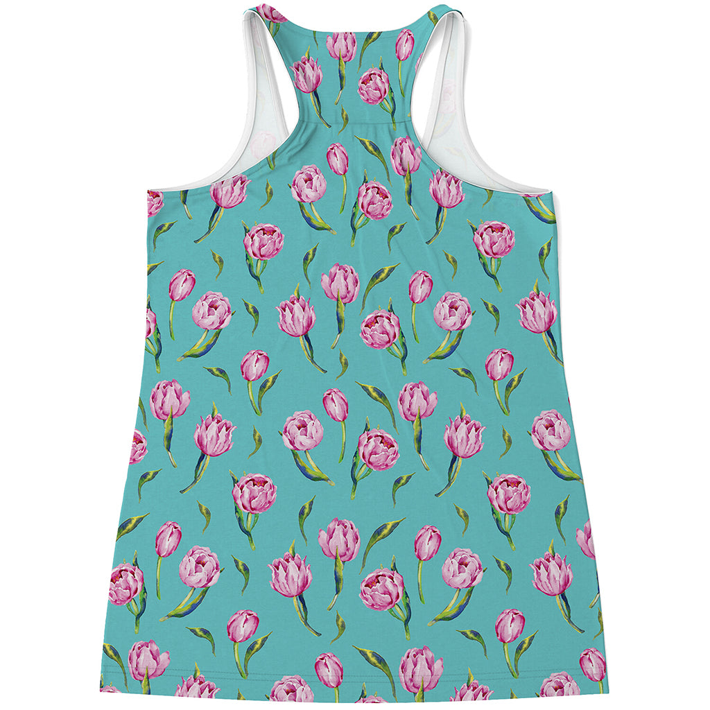 Pink Watercolor Tulip Pattern Print Women's Racerback Tank Top