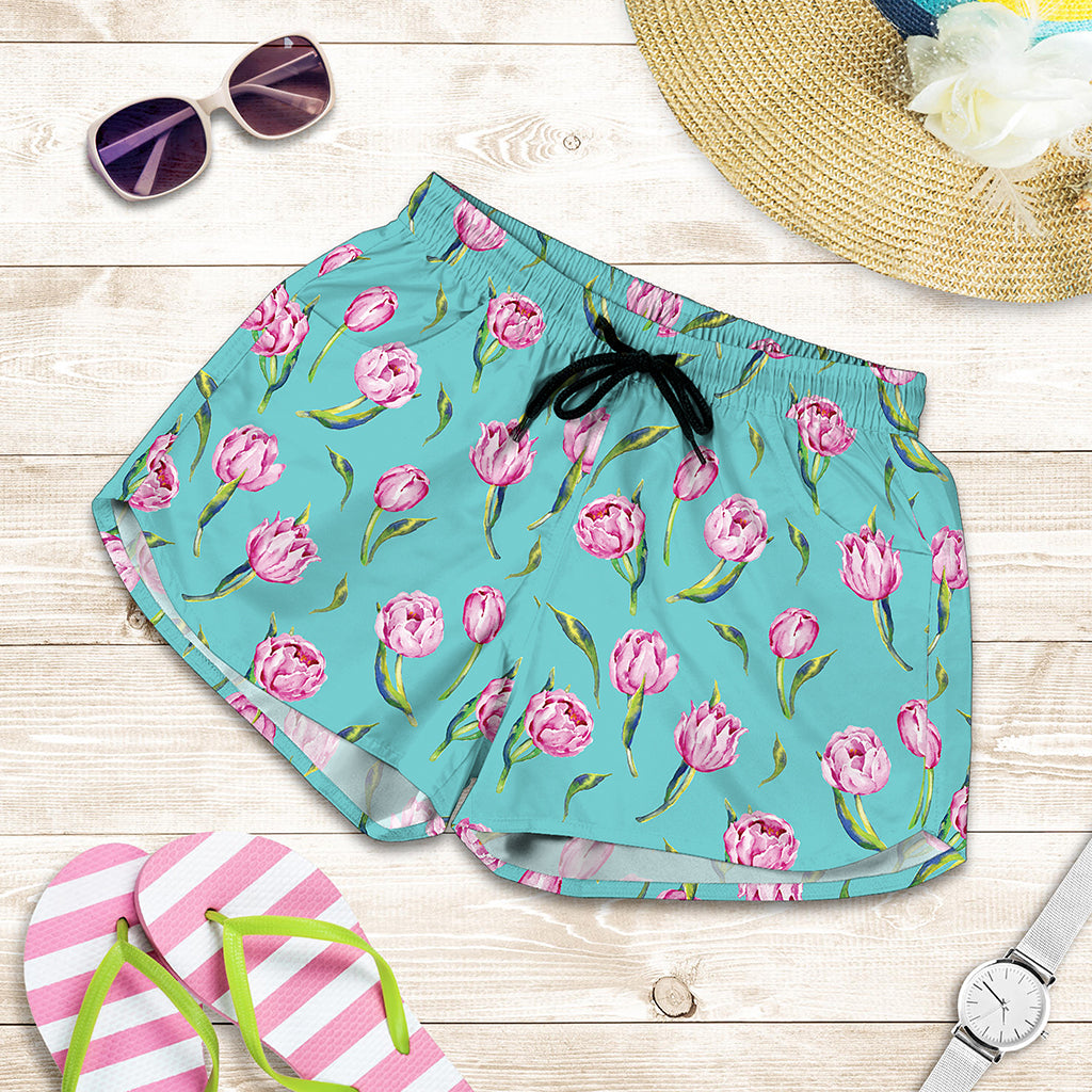 Pink Watercolor Tulip Pattern Print Women's Shorts