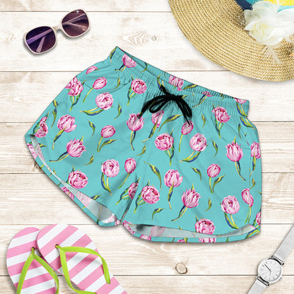 Pink Watercolor Tulip Pattern Print Women's Shorts