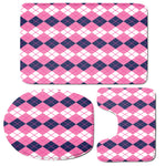 Pink White And Blue Argyle Pattern Print 3 Piece Bath Mat Set