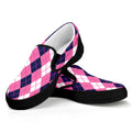 Pink White And Blue Argyle Pattern Print Black Slip On Sneakers