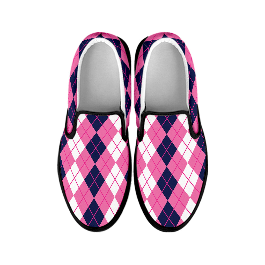 Pink White And Blue Argyle Pattern Print Black Slip On Shoes