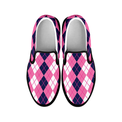 Pink White And Blue Argyle Pattern Print Black Slip On Shoes