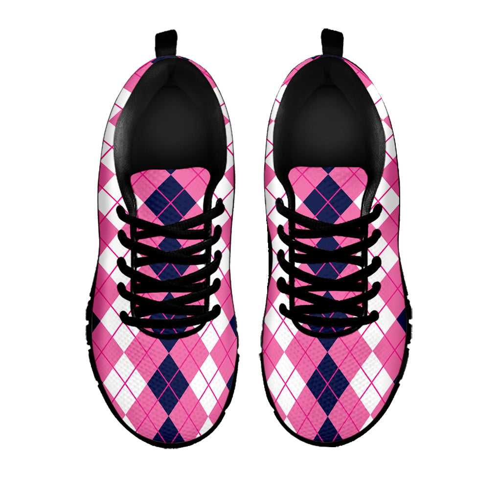 Pink White And Blue Argyle Pattern Print Black Sneakers