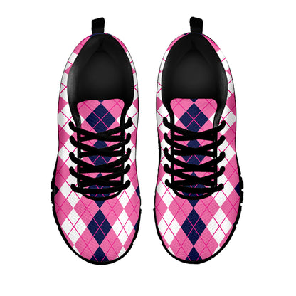Pink White And Blue Argyle Pattern Print Black Sneakers