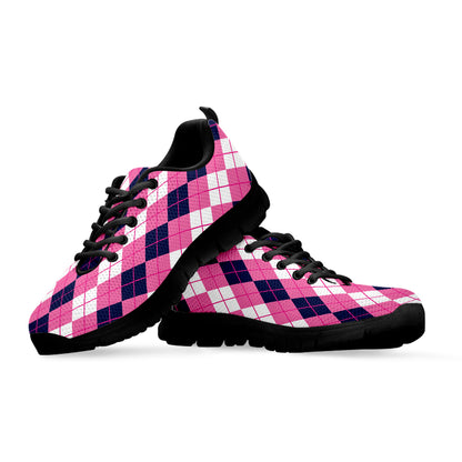 Pink White And Blue Argyle Pattern Print Black Sneakers