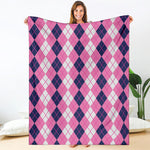 Pink White And Blue Argyle Pattern Print Blanket