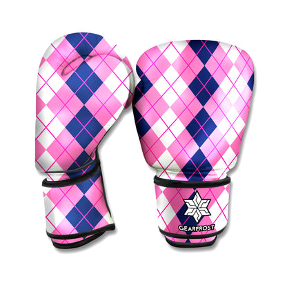 Pink White And Blue Argyle Pattern Print Boxing Gloves
