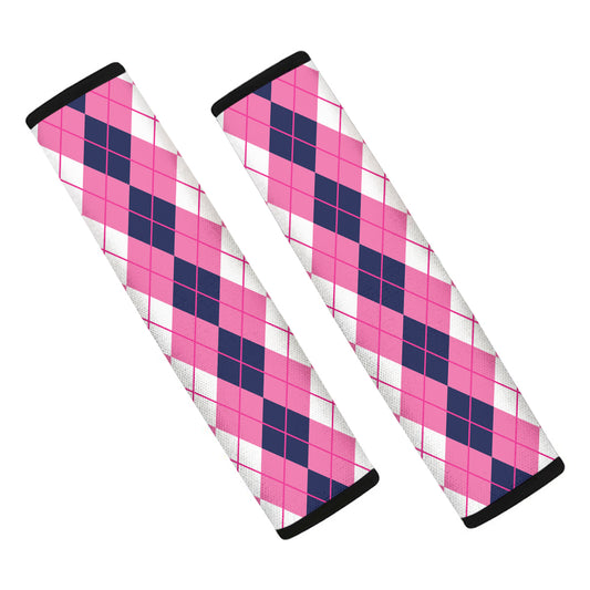 Pink White And Blue Argyle Pattern Print Car Seat Belt Covers