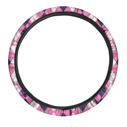 Pink White And Blue Argyle Pattern Print Car Steering Wheel Cover