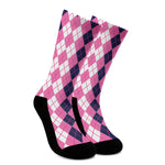 Pink White And Blue Argyle Pattern Print Crew Socks