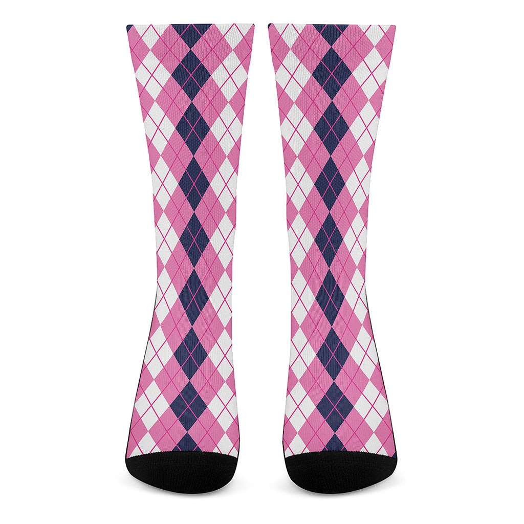 Pink White And Blue Argyle Pattern Print Crew Socks