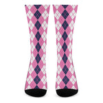 Pink White And Blue Argyle Pattern Print Crew Socks