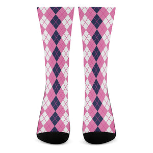 Pink White And Blue Argyle Pattern Print Crew Socks