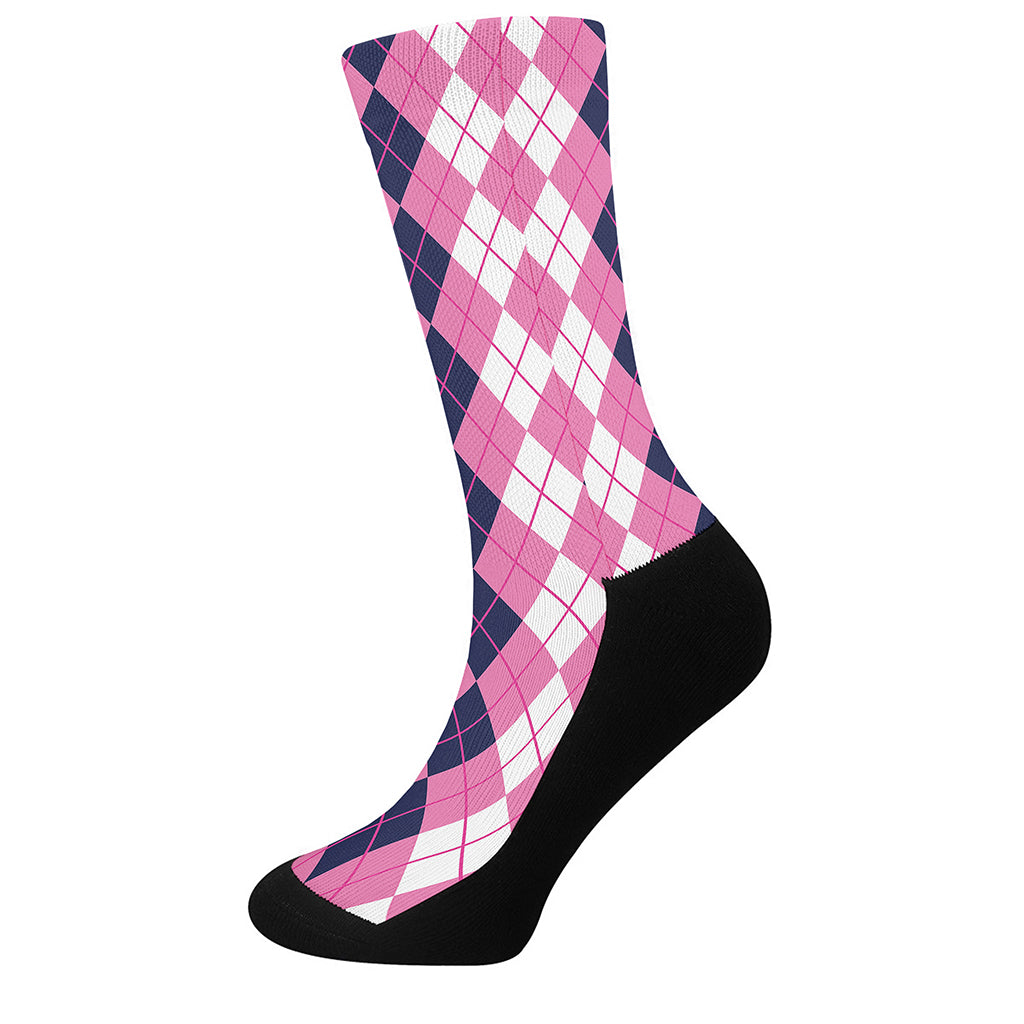 Pink White And Blue Argyle Pattern Print Crew Socks