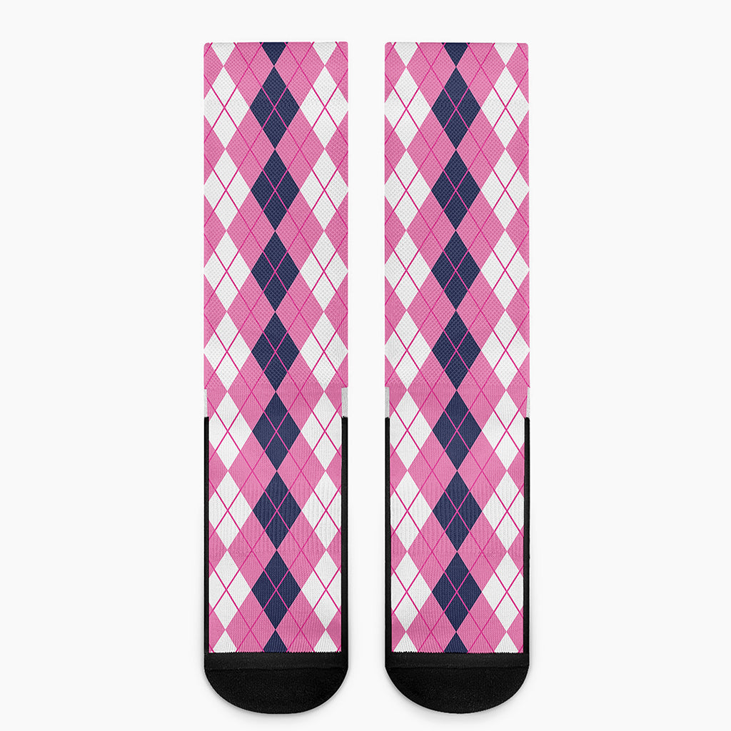 Pink White And Blue Argyle Pattern Print Crew Socks