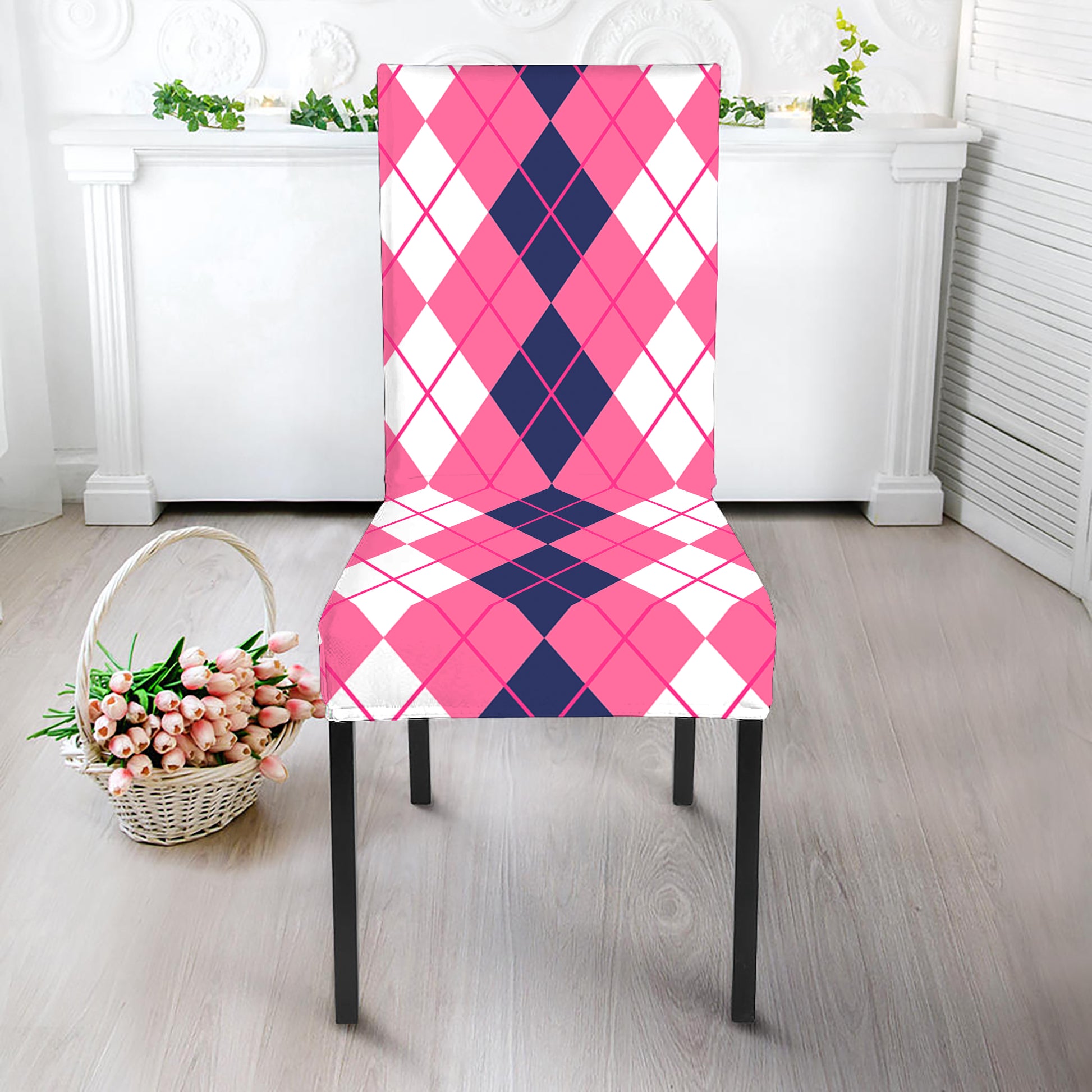 Pink White And Blue Argyle Pattern Print Dining Chair Slipcover