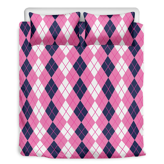 Pink White And Blue Argyle Pattern Print Duvet Cover Bedding Set