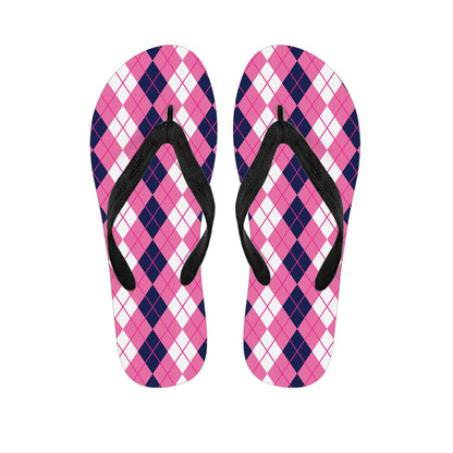 Pink White And Blue Argyle Pattern Print Flip Flops