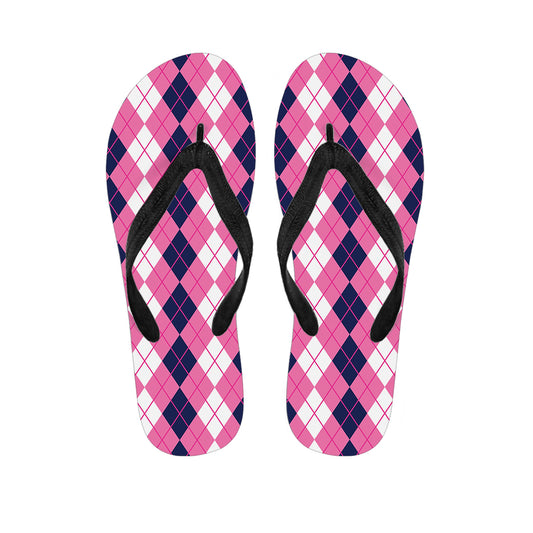 Pink White And Blue Argyle Pattern Print Flip Flops