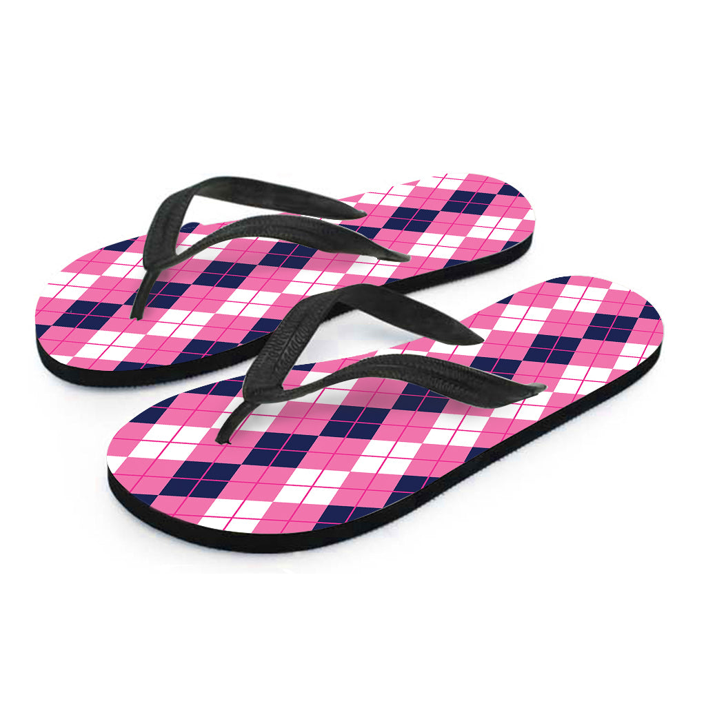 Pink White And Blue Argyle Pattern Print Flip Flops