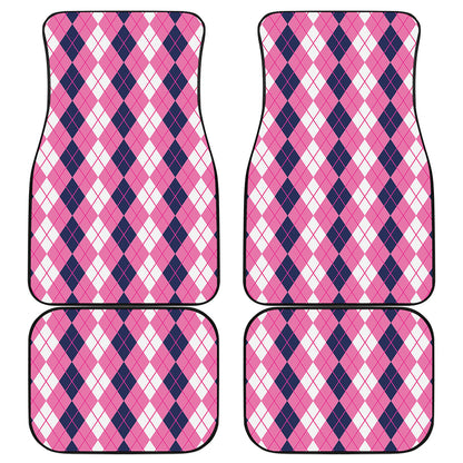 Pink White And Blue Argyle Pattern Print Front and Back Car Floor Mats