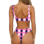 Pink White And Blue Argyle Pattern Print Front Bow Tie Bikini