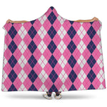 Pink White And Blue Argyle Pattern Print Hooded Blanket