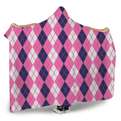 Pink White And Blue Argyle Pattern Print Hooded Blanket