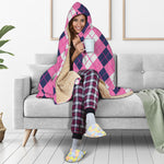 Pink White And Blue Argyle Pattern Print Hooded Blanket