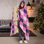 Pink White And Blue Argyle Pattern Print Hooded Blanket
