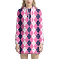 Pink White And Blue Argyle Pattern Print Pullover Hoodie Dress